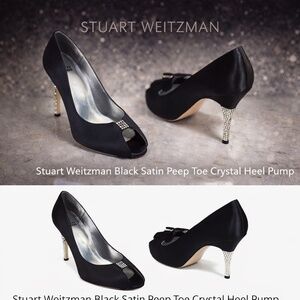 Stuart Weitzman BlacStuart Weitzman Black Satin Peep Toe Crystal Heel Pump
